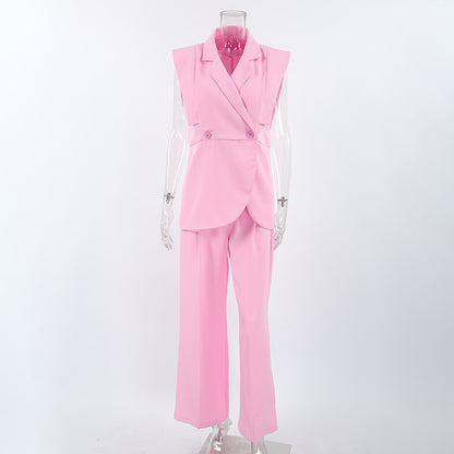TGC “Blush Balance” Summer Set | Pink Sleeveless Collared Waistcoat & Wide Leg Pants | Casual Office Chic
