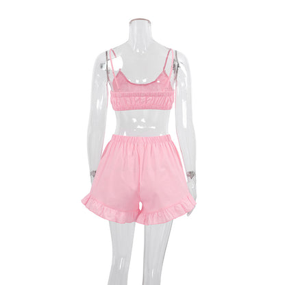 Summer Outfits 2024 | Pink Ruffles Crop Top Shorts Outfit 2-piece Set