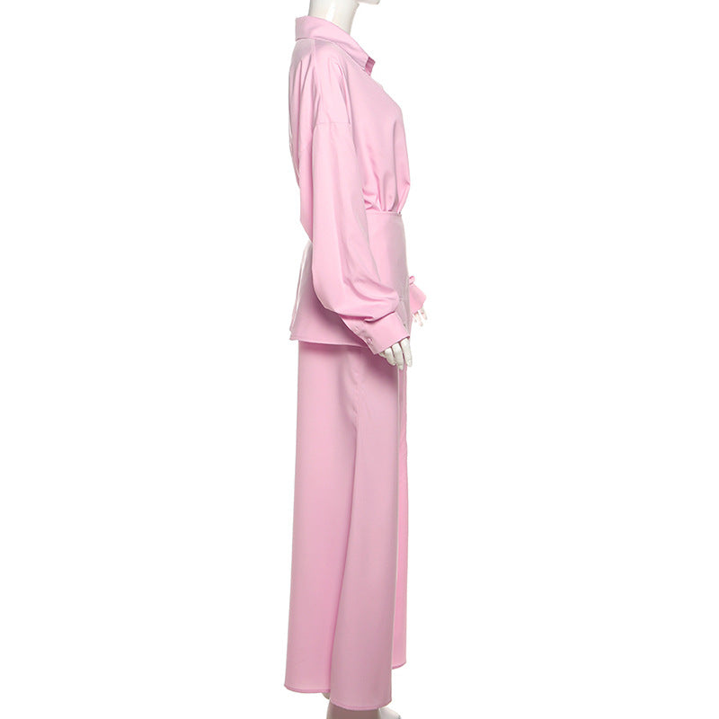 TGC “Grace Seal” 3-piece Set | Pink, Black Collared Shirt, Waist-Belt & Maxi Skirt | Fall Office Elegance