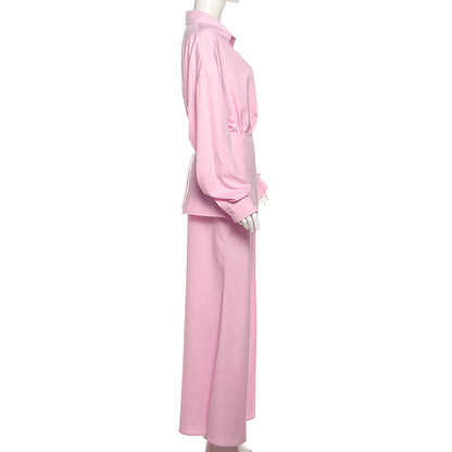 TGC “Grace Seal” 3-piece Set | Pink, Black Collared Shirt, Waist-Belt & Maxi Skirt | Fall Office Elegance