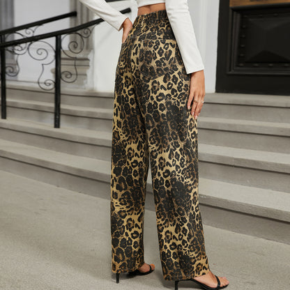 2024 Fashion Trends, Leopard Denim Straight Leg Trousers Pants