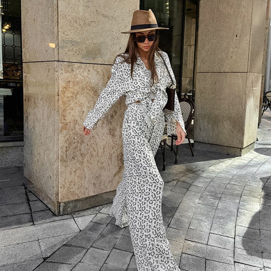 2024 Fashion Trends, Cotton Leopard Long Sleeve Shirt High Waist Pants Outfit 2-piece Set