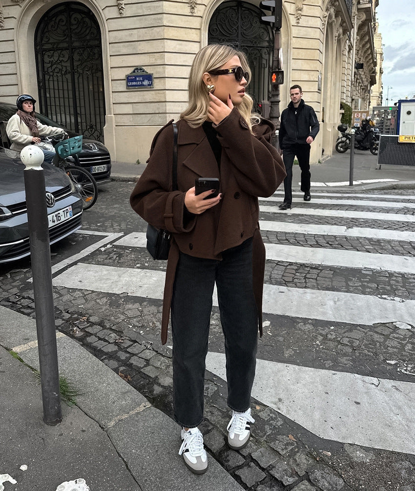 TGC “Mocha Reverie” Woolen Coat | Elegant Double-Breasted Office Chic Coat