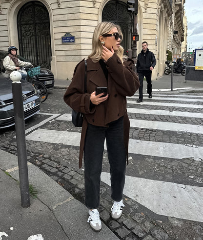 TGC “Mocha Reverie” Woolen Coat | Elegant Double-Breasted Office Chic Coat