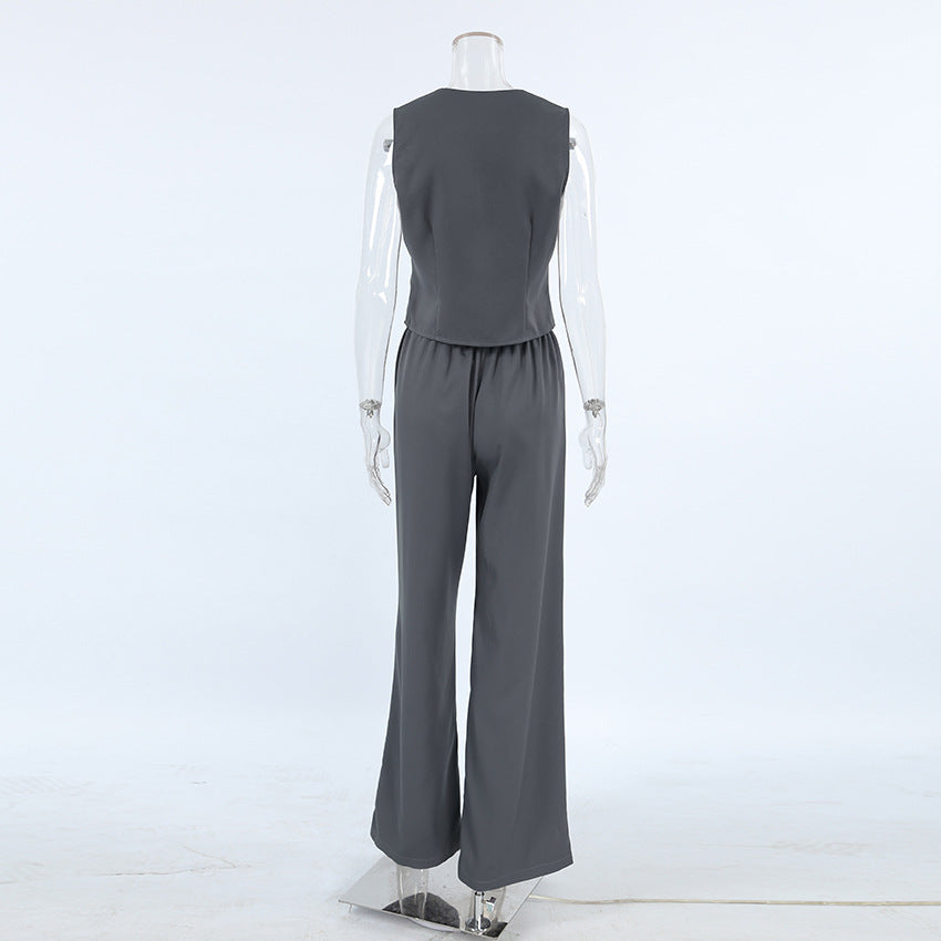 Business Casual Outfits | Dark Gray Vest Wide Leg Pants Outfit 2-piece Set