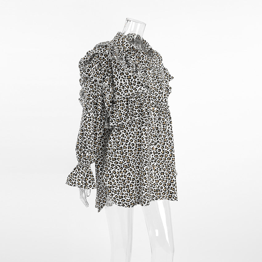 2024 Fashion Trends | Leopard Loose Long Sleeve Ruffles Cotton Shirt