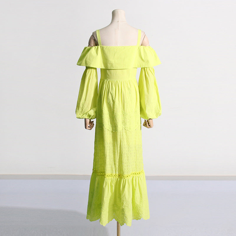2024 Fashion Trends | Neon Yellow Aesthetic Multi Layer Ruffles Elegant Embroidery Maxi Dress sizes S-XL