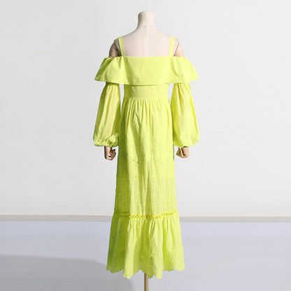 2024 Fashion Trends | Neon Yellow Aesthetic Multi Layer Ruffles Elegant Embroidery Maxi Dress sizes S-XL