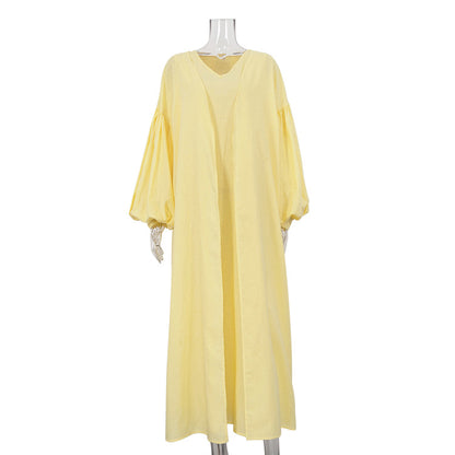 Spring Dresses 2024 | Boho Modest Puff Sleeve Cotton Robe Maxi Dress 2-piece set