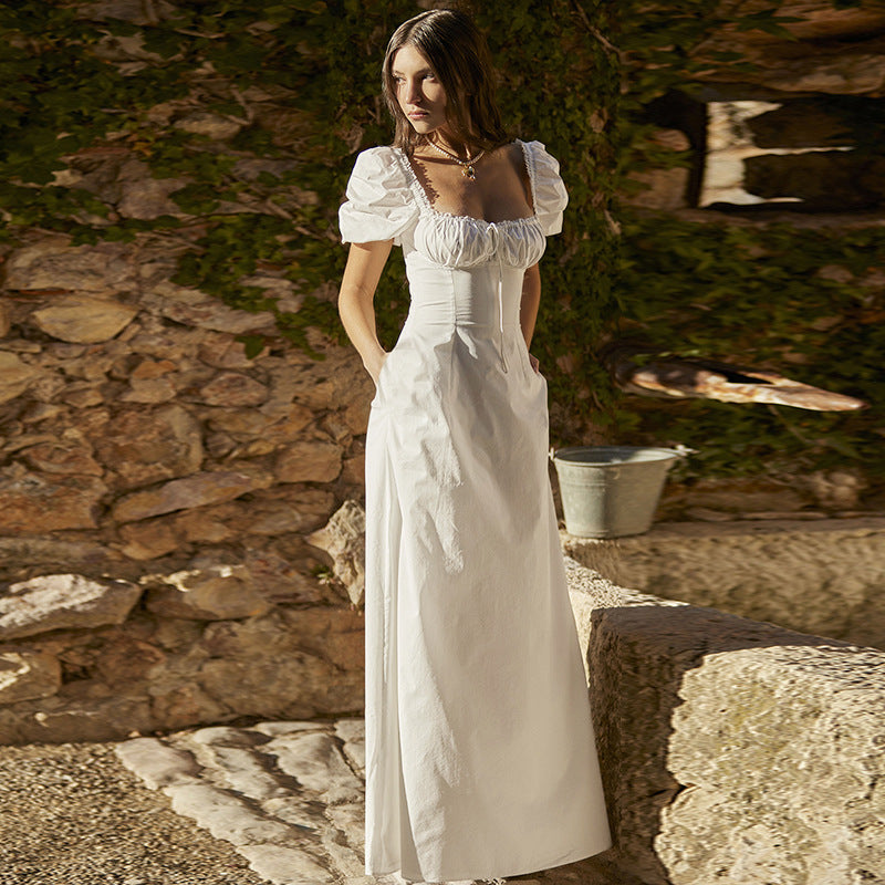 White Puff Sleeve Square Collar Lace Fit And Flared Dress White / L White Puff Sleeve Square Collar Lace Fit And Flared Dress White / L