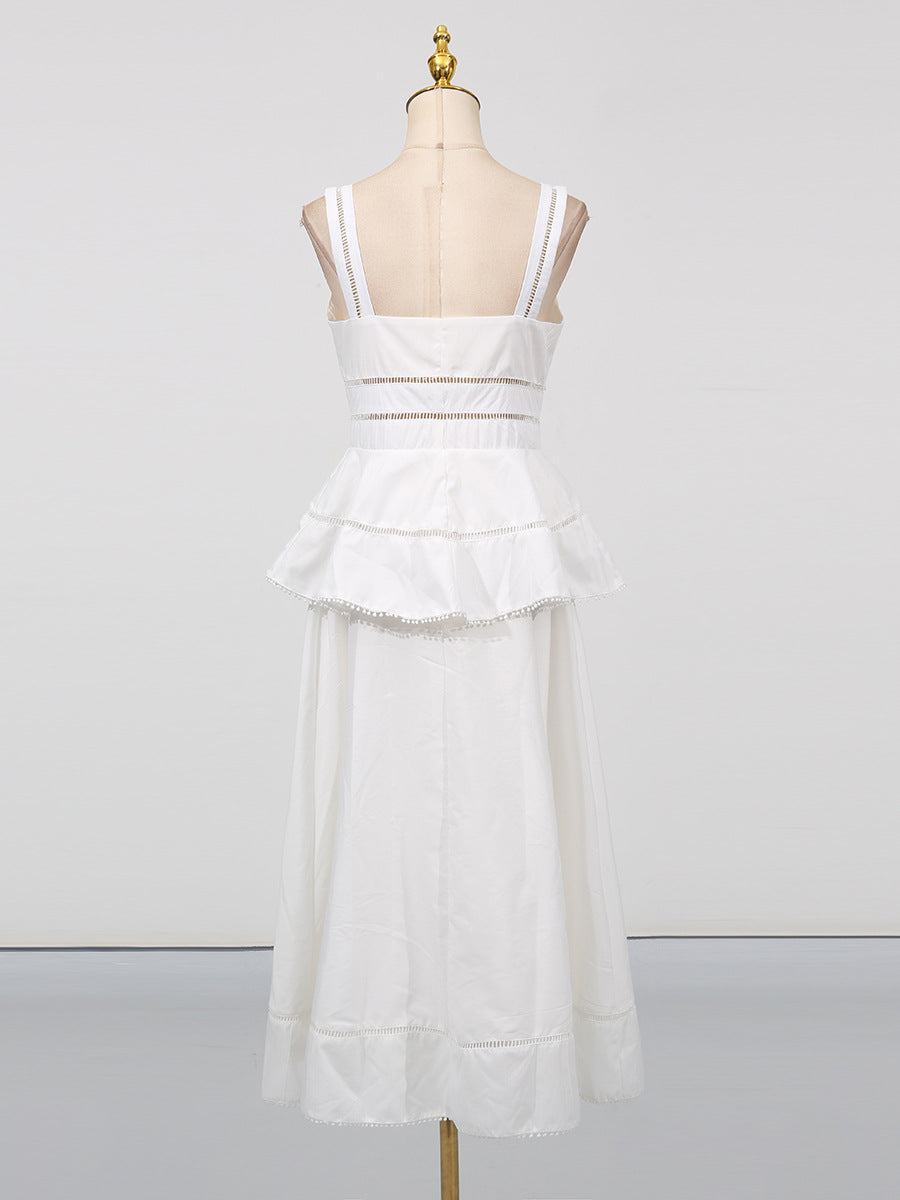 [Été Parisien Ruffle Midi] | Elegant Slim Fit Spaghetti Strap A-Line Dress – French Summer Chic by TGC