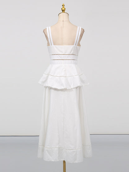 [Été Parisien Ruffle Midi] | Elegant Slim Fit Spaghetti Strap A-Line Dress – French Summer Chic by TGC