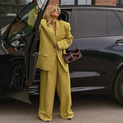 Golden Hour” 2-Piece Set | Yellow Collared Coat & Wide Leg Pants | Fall/Winter Office Elegance
