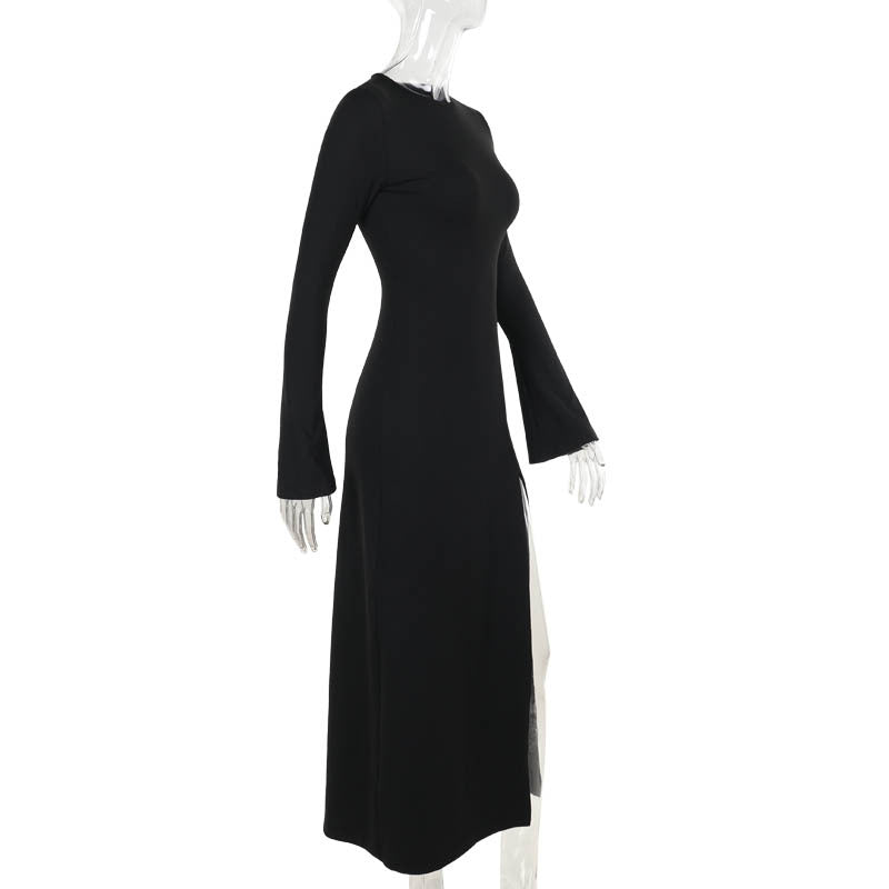 Elegant Little Black Maxi Dress - Split A-Line Crew Neck Long Sleeve Winter 2025 Style