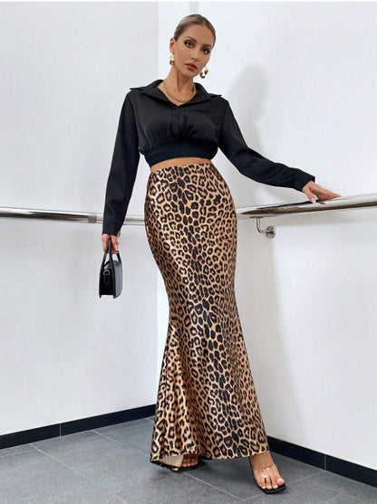 TGC FASHION 2024 Fashion Fall Outfits, Satin Maxi Leopard Fishtail Skirt