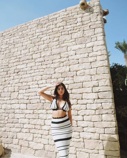 2024 Fashion Trends | Black and White Striped Bikini Top Skirt Outfit 2-piece Set