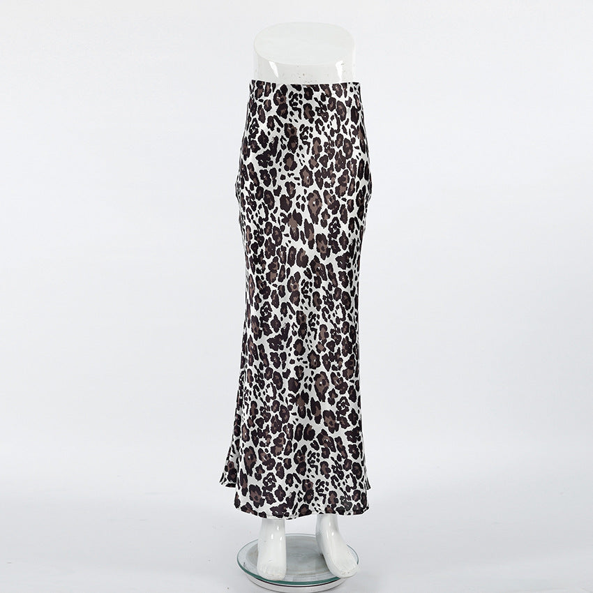 TGC FASHION 2024 Fashion Fall Outfits, Gray Leopard Fishtail Satin Skirt