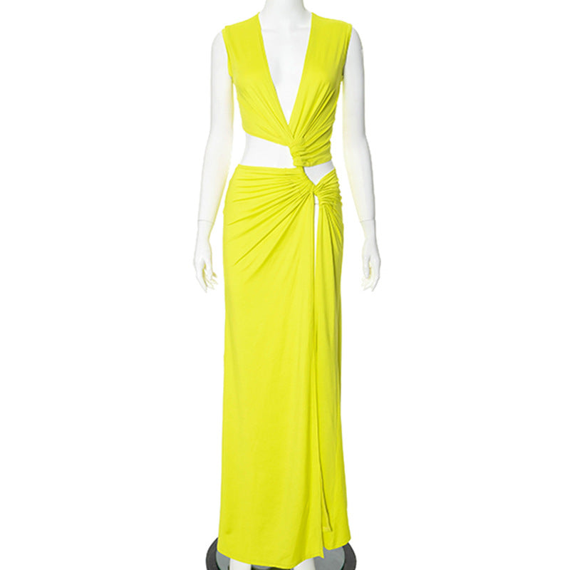 Fashion Trends 2024 | Neon Yellow Twist Cut Out Slit Maxi Dress