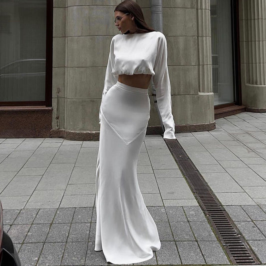 Spring Outfits 2024 | White Long Sleeve Bubble Hem Crop Top Mermaid Maxi Skirt Outfit 2-piece Set