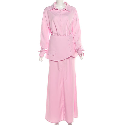 TGC “Grace Seal” 3-piece Set | Pink, Black Collared Shirt, Waist-Belt & Maxi Skirt | Fall Office Elegance