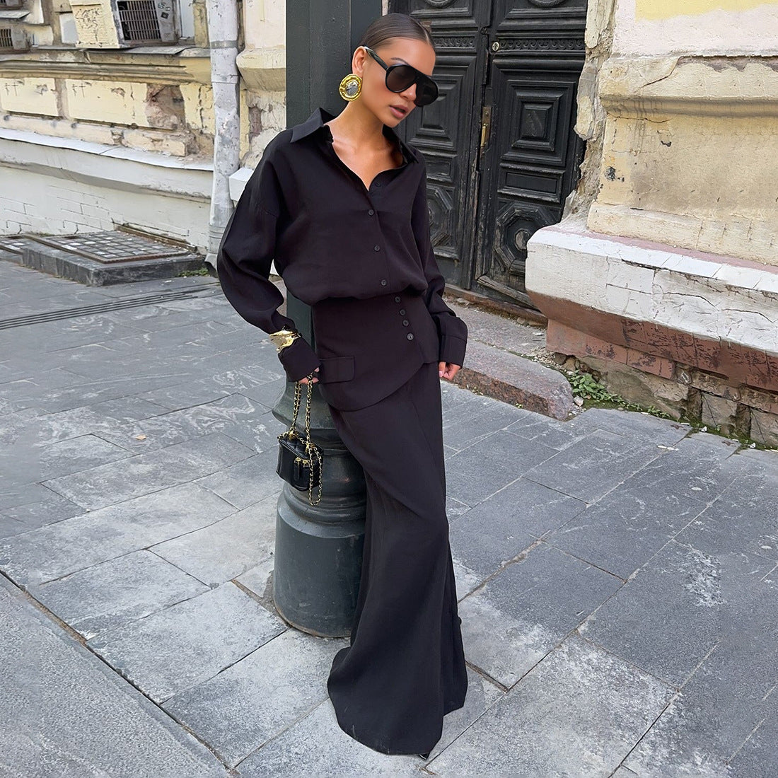 TGC “Grace Seal” 3-piece Set | Pink, Black Collared Shirt, Waist-Belt & Maxi Skirt | Fall Office Elegance