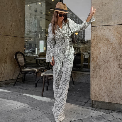 2024 Fashion Trends, Cotton Leopard Long Sleeve Shirt High Waist Pants Outfit 2-piece Set