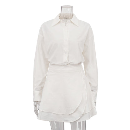 [Double Grace Skirt Set] | Elegant Collared Long Sleeve Top & Double Layer Lace-Up A-Line Skirt – Cotton Two Piece by TGC