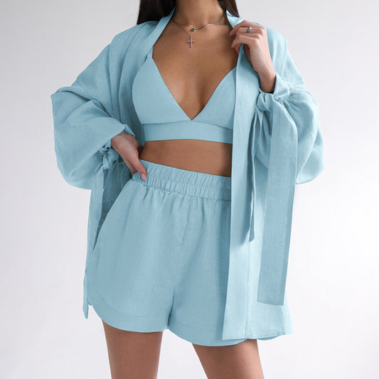 2024 Spring Shorts Outfits | Sky Blue Cotton Long Sleeve Shirt, Bralette, Shorts Outfit 3-piece Set sizes S-L