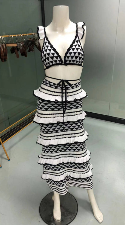 Spring Outfits | Knitted Striped Ruffles Bikini Top High Waist Skirt 2-piece Outfit Set