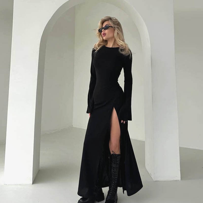 Elegant Little Black Maxi Dress - Split A-Line Crew Neck Long Sleeve Winter 2025 Style