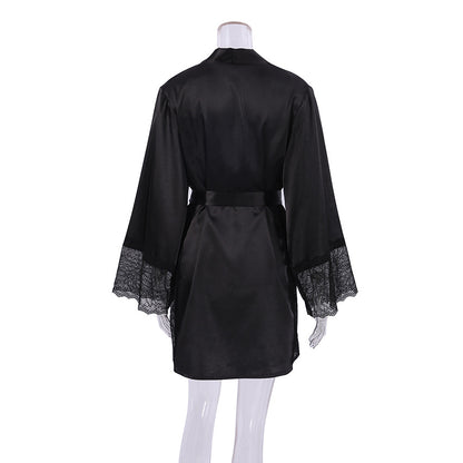 2024 Capsule Wardrobe | Elegant Silk Satin Lace Robe, Ruffles Bralette, Shorts Outfit 3-piece Set size S-L