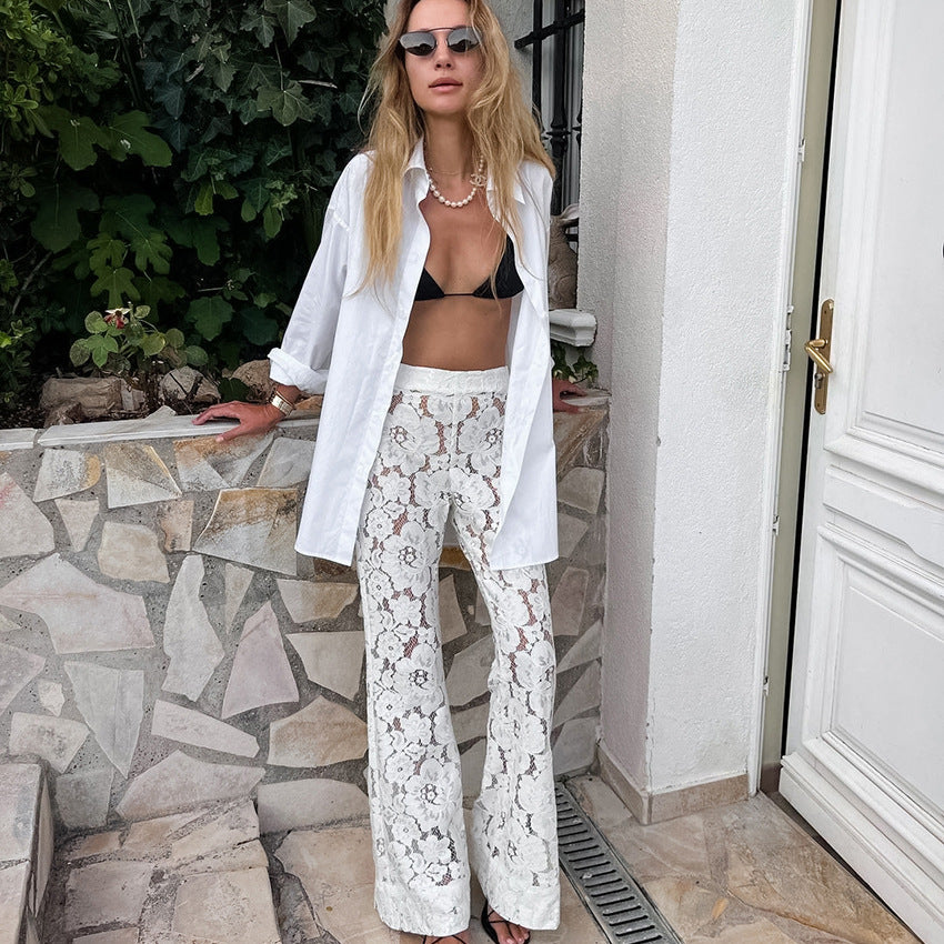 2024 Summer Outfits | Cotton Lace White Jacquard See through High Waist Flared Pants