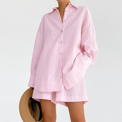 Spring Outfits 2024 | Millennial Pink Breeze Cotton Long Sleeve Shirt Shorts Outfit 2-piece Set