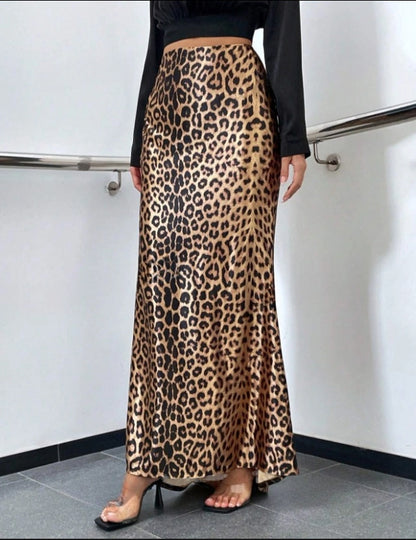 TGC FASHION 2024 Fashion Fall Outfits, Satin Maxi Leopard Fishtail Skirt