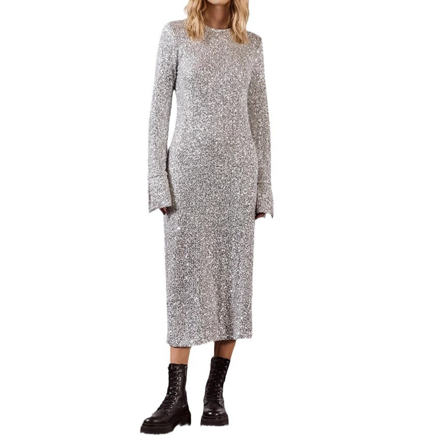 Simple Sequin Long Sleeve Dress - Shiny Cut-Out Back Winter Dress