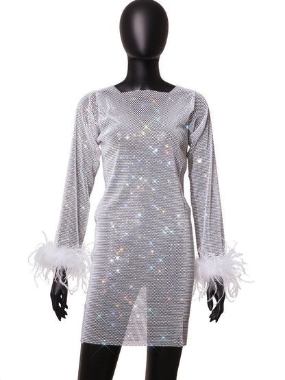 Rhinestone Dresses | Glitter Feathers Rhinestones See Through Mini Dress