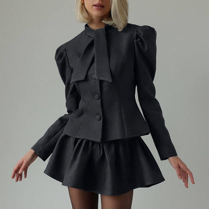 TGC “Noir Grace” Bow-Tie Set | Elegant Two-Piece Skirt & Blouse Ensemble