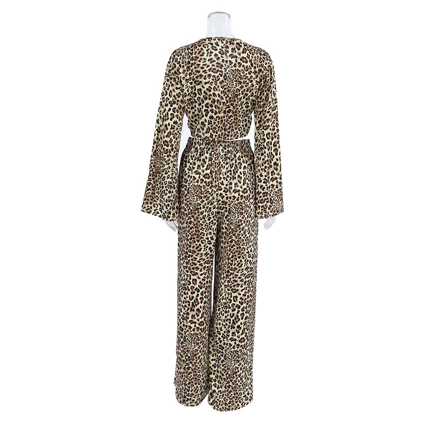 2024 Fashion Trends | Leopard Long Sleeve Crop Top Tie High Waist Wide Leg Pants Outfit 2-piece Set