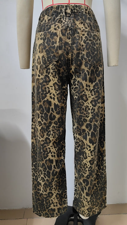 2024 Fashion Trends, Leopard Denim Straight Leg Trousers Pants