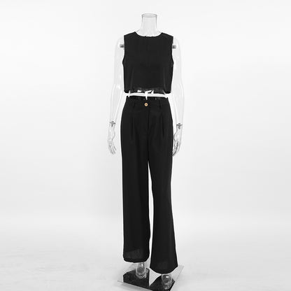 TGC Fashion Fall Outfits 2024 | Black Cotton Linen Crop Top Pants Outfit 2-piece Set