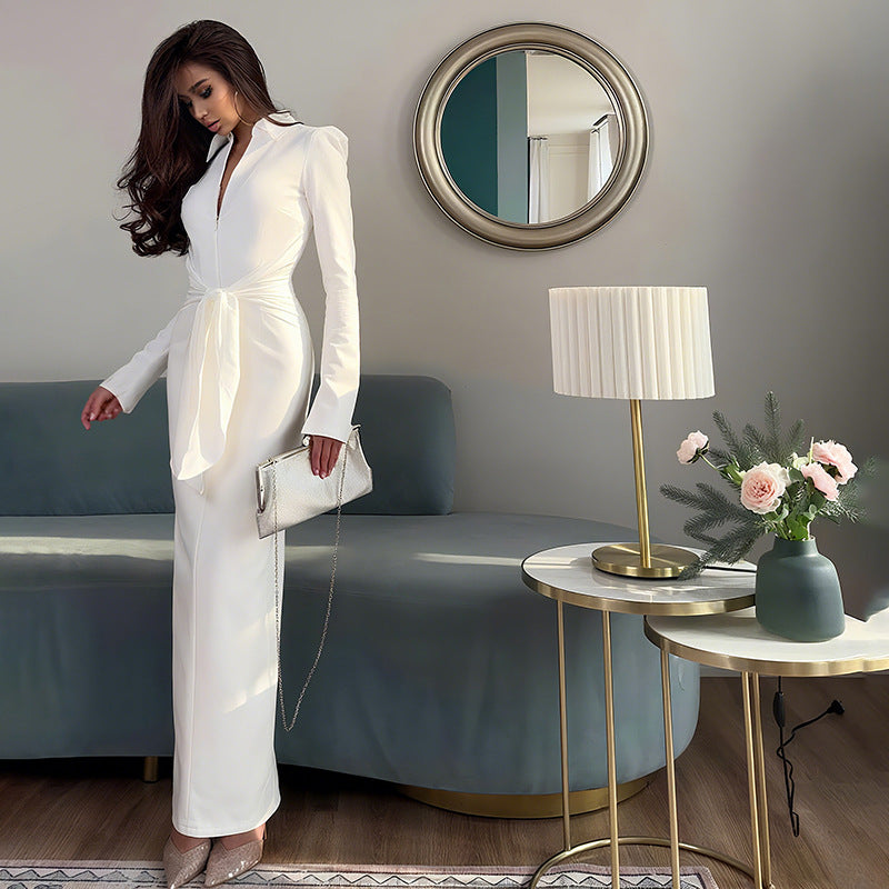 TGC “Céleste” Collared Maxi Dress | Slim Fit Lace-Up Waist & Front Split Elegance