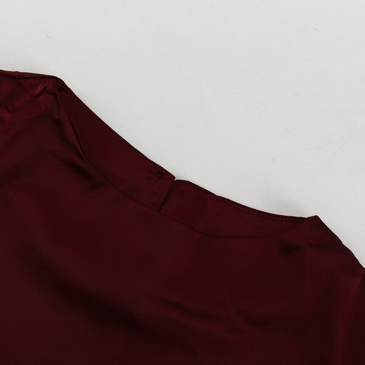 Winter Outfit | Burgundy Long Sleeve Cropped Top & Satin Draping Skirt Set