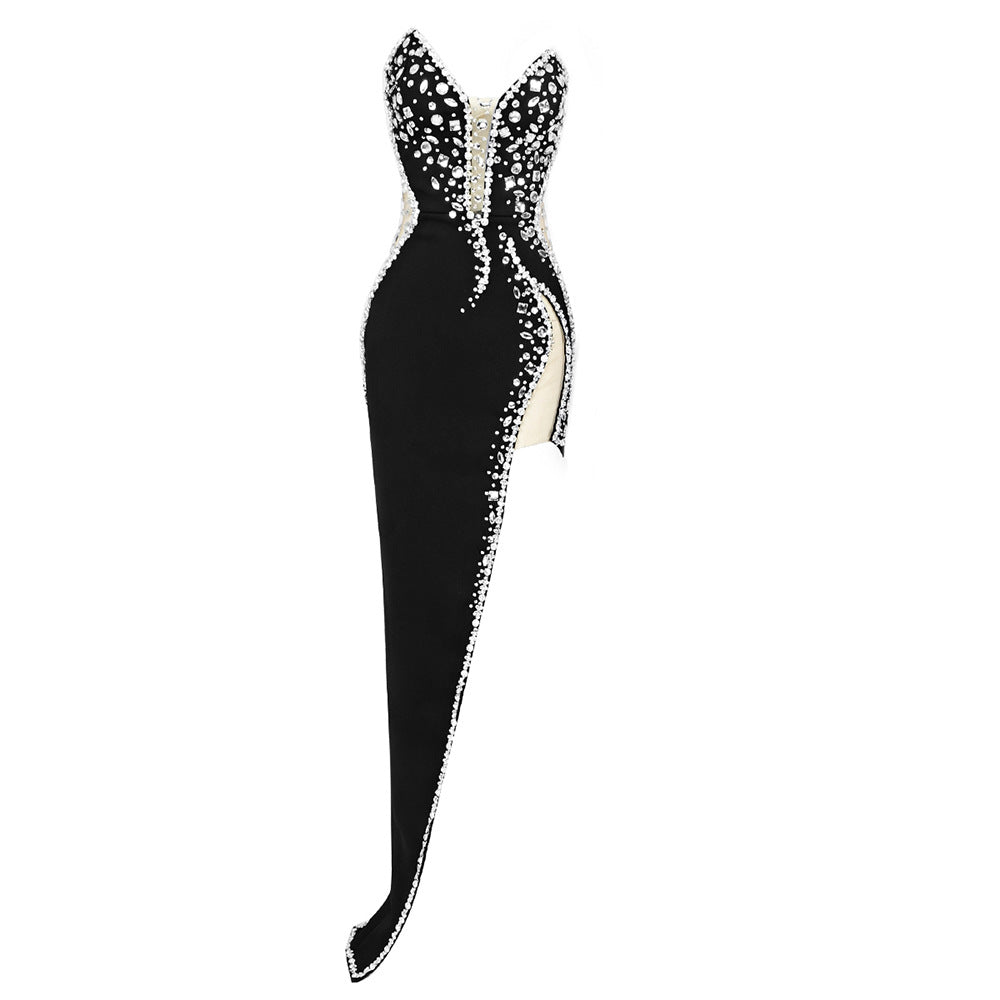Mini Black Dress |  3D Black See Through Rhinestone Diamonds Split Tube Top Dres