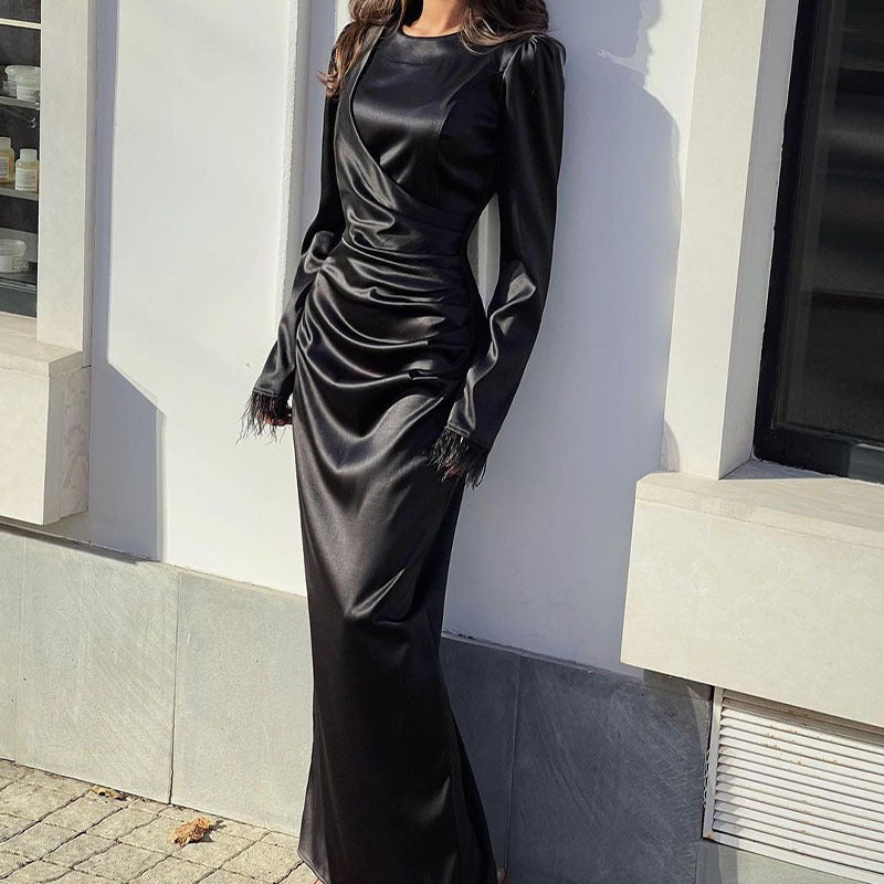 Satin Slim Waist Controlled Long Sleeve Feather Maxi Dress for Women