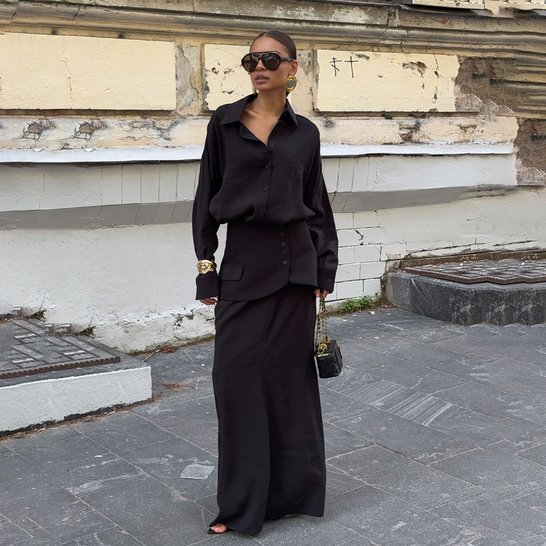 TGC “Grace Seal” 3-piece Set | Pink, Black Collared Shirt, Waist-Belt & Maxi Skirt | Fall Office Elegance