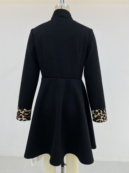 TGC Fashion Fall Outfits 2024, Leopard Print Cuffs Long Black Blazer Coat