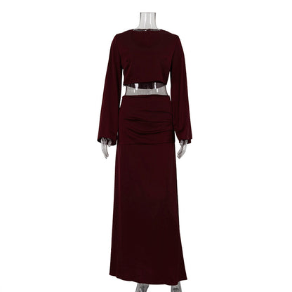 Winter Outfit | Burgundy Long Sleeve Cropped Top & Satin Draping Skirt Set