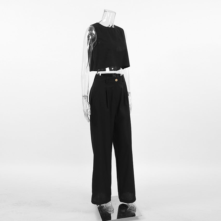 TGC Fashion Fall Outfits 2024 | Black Cotton Linen Crop Top Pants Outfit 2-piece Set