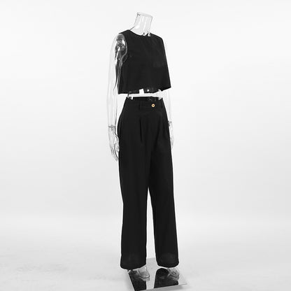 TGC Fashion Fall Outfits 2024 | Black Cotton Linen Crop Top Pants Outfit 2-piece Set