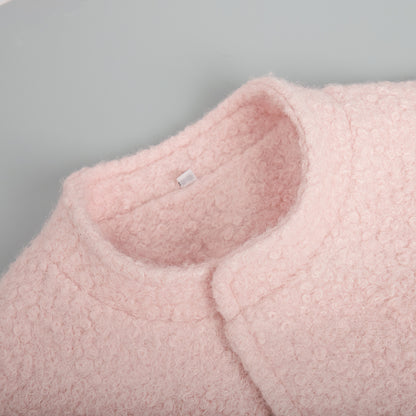 Soft Pink Furry Jacket - Casual Short Stand Collar Winter Coat with Drop Shoulder Sleeves